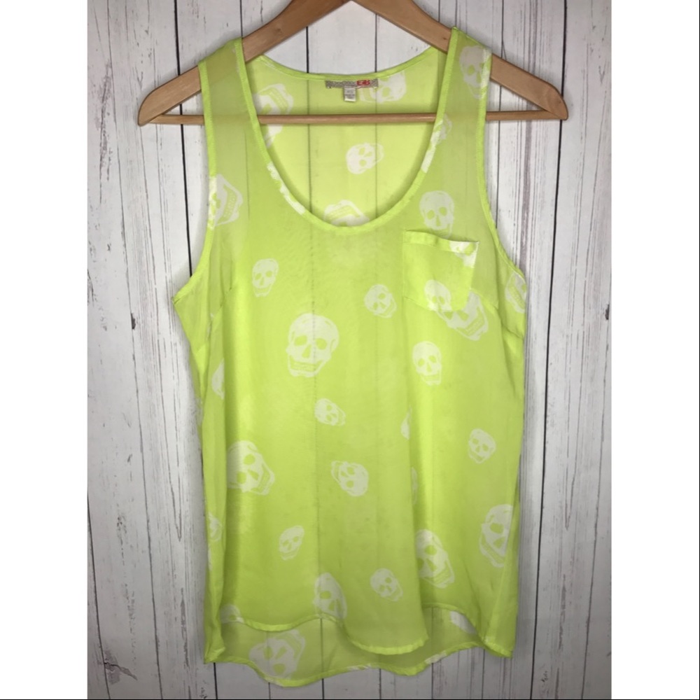 Gianni Bini Women’s Sheer Tank Top Size XS Yellow & White Skull Print Summer